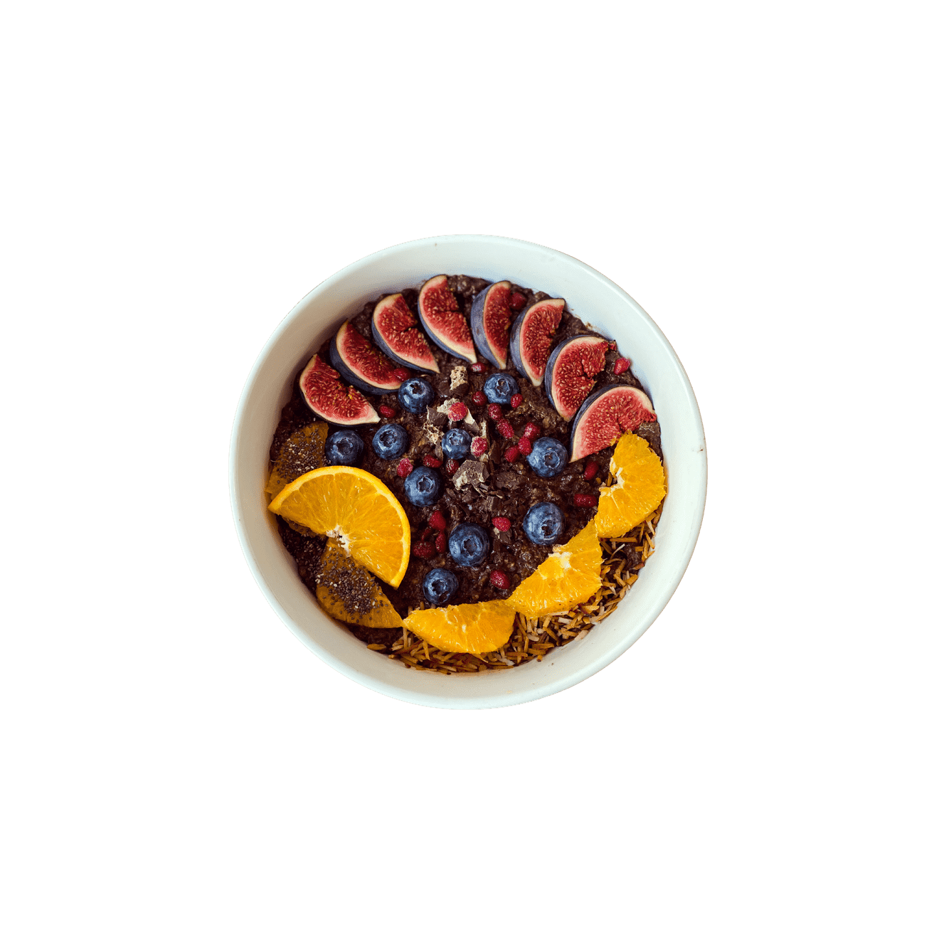 Chocolate açaí bowl with sliced figs, blueberries, and orange