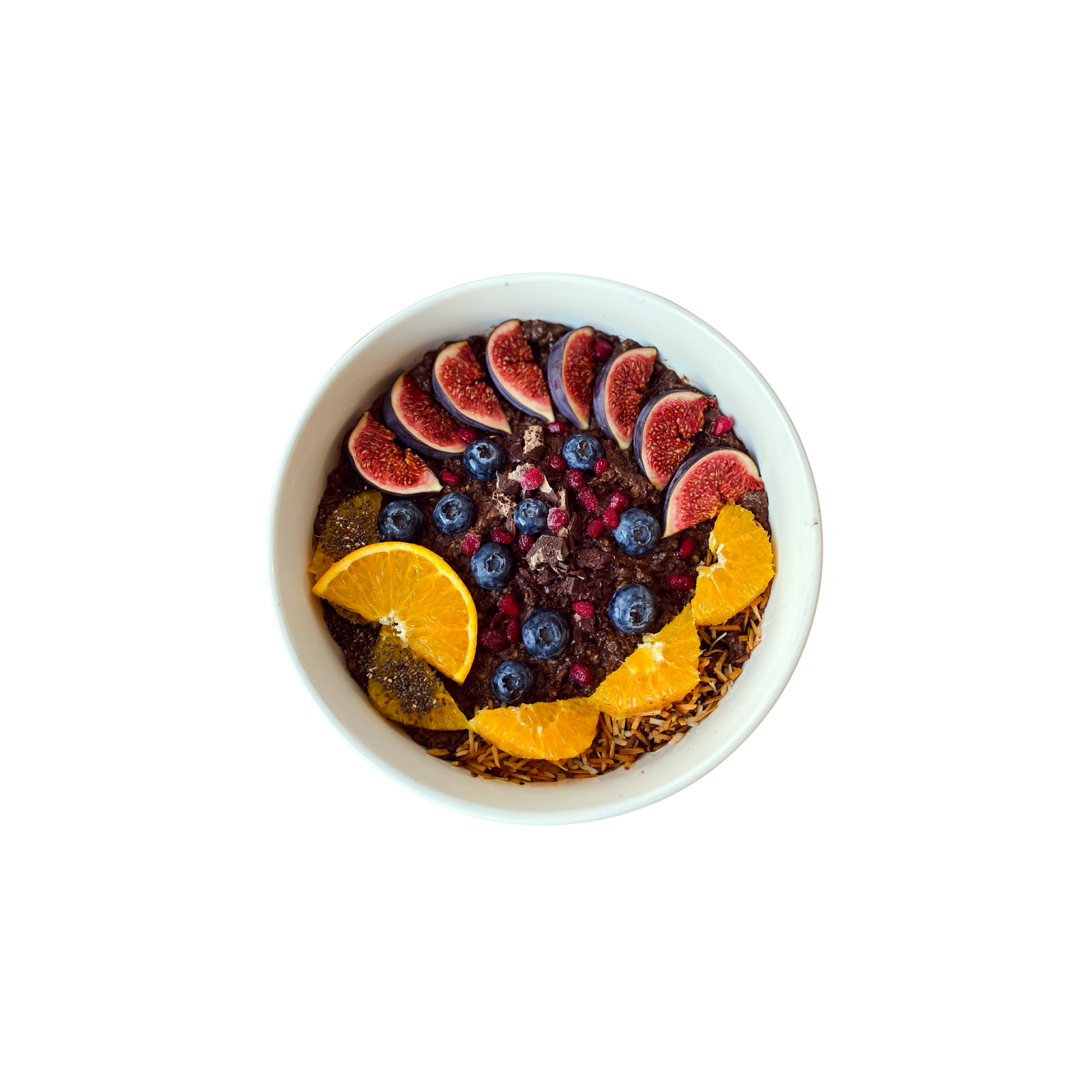 Chocolate açaí bowl with sliced figs, blueberries, and orange
